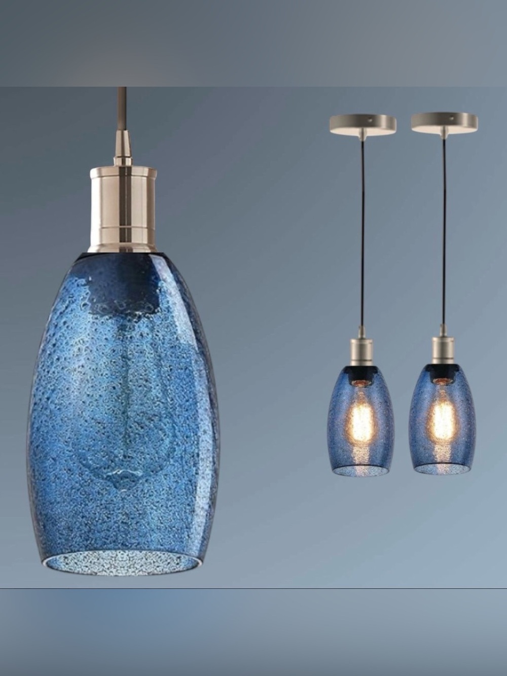 Set Of 2 Dark Blue Seeded Glass Pendant Lamps Art Glass Mini chandeliers